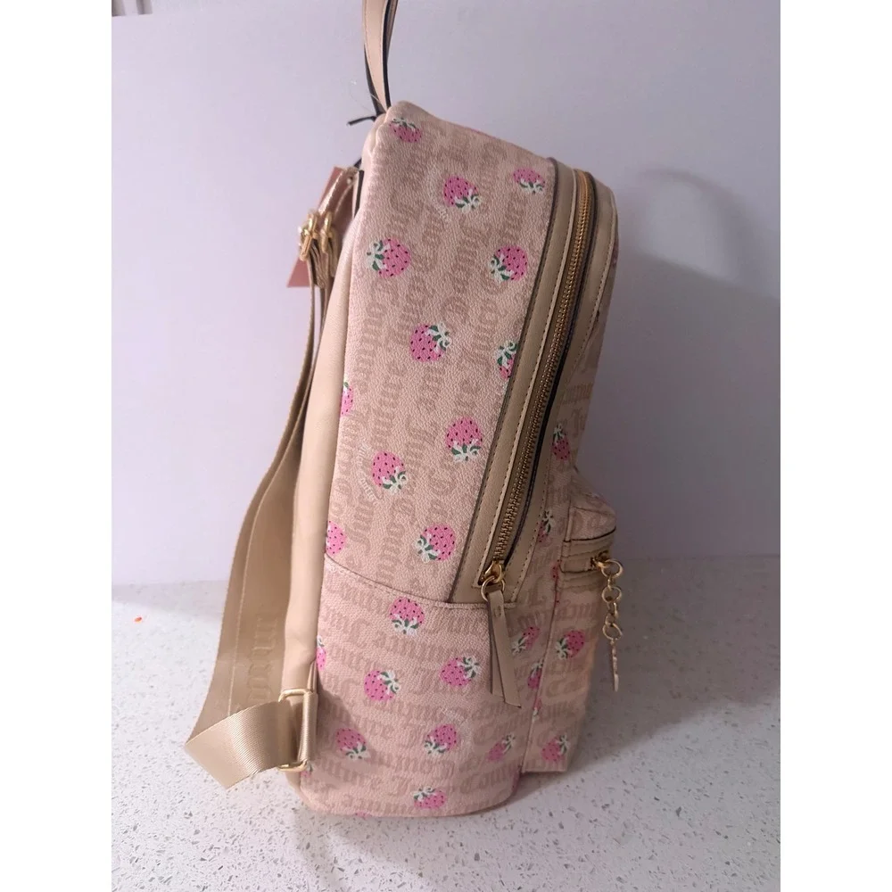 Juicy Couture Strawberry Monogram Backpack Tan Pink Gold Tone Y2K Style Bag
